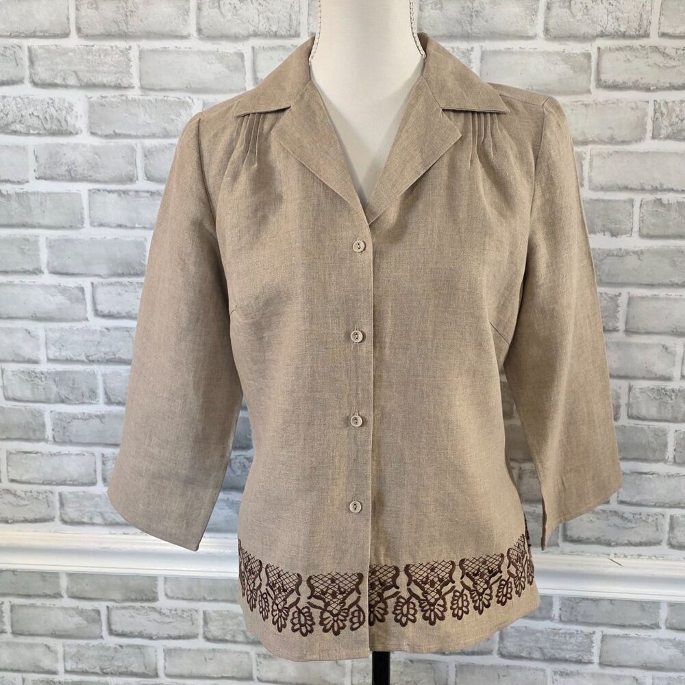 TWEEDS Linen Embroidered 3/4 Sleeve Button Up Blouse Top Brown Cottage Medium